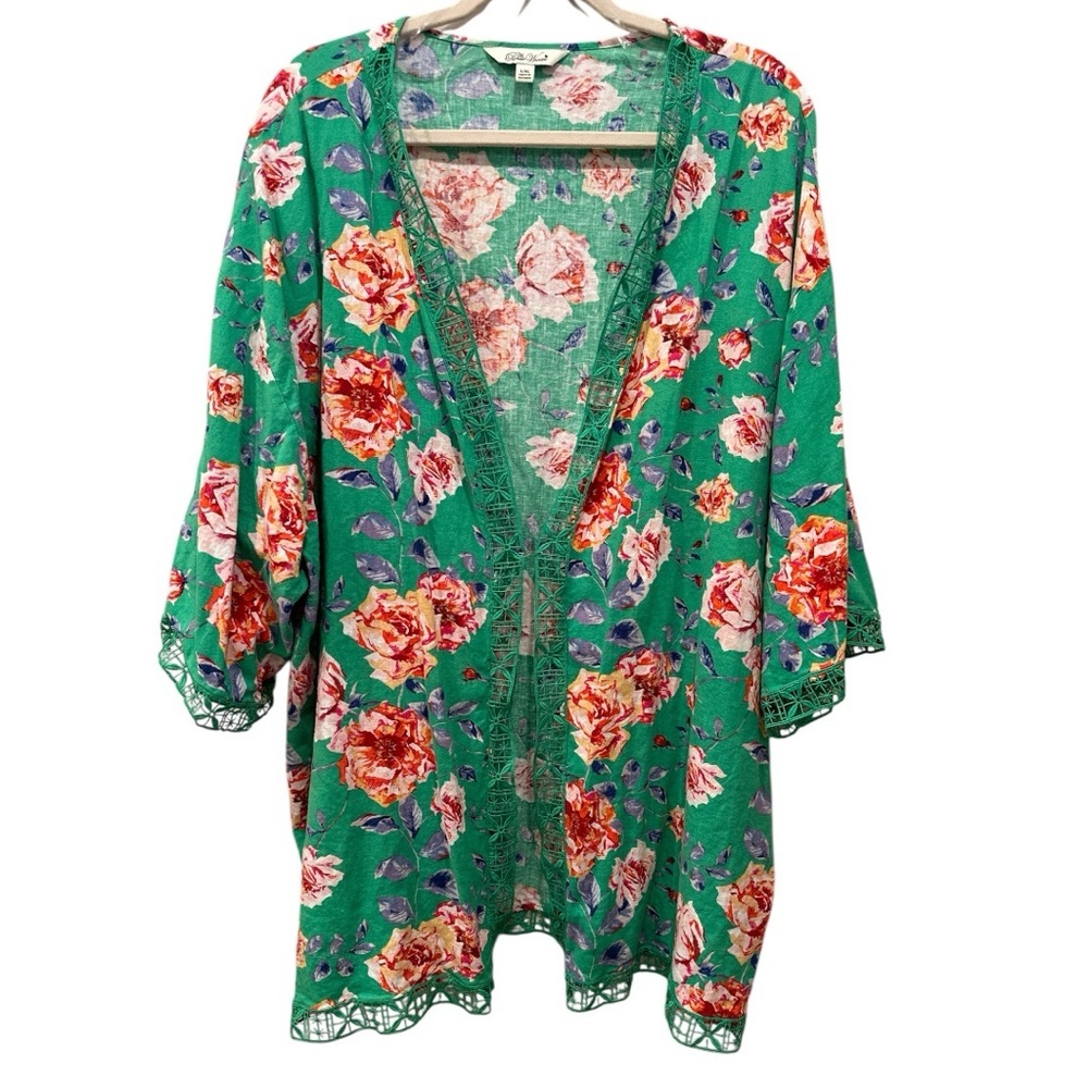 Pioneer Woman Linen Blend Crochet Trimmed Floral Green Floral Kimono Sz L/XL